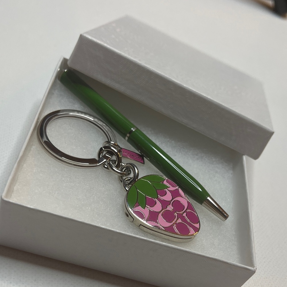 Coach Pink Strawberry Locket Keychain and Green Coach Pen Set - Picture 6 of 6